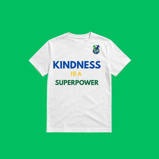 A T-Shirt - Kindness is a Superpower in blue, yellow and green writing white short-sleeved T-shirt